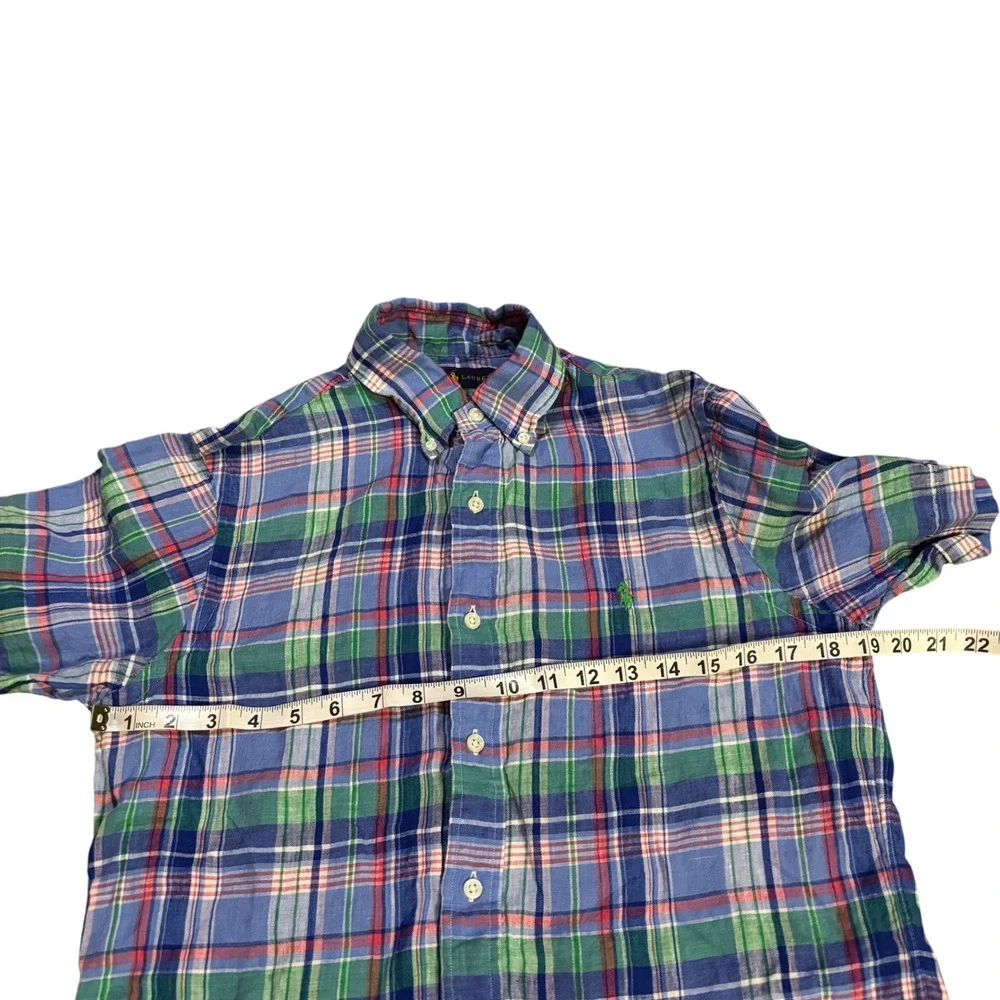 Ralph Lauren Mens S Short Sleeve 100% Linen Plaid Button Down‎ Shirt Blue Green